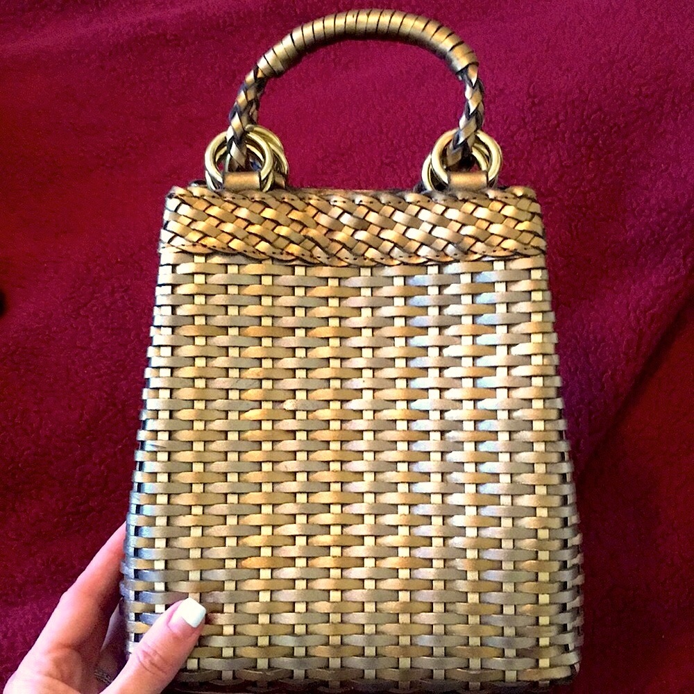 Vintage metallic Brazil woven leather basket weave bucket bag